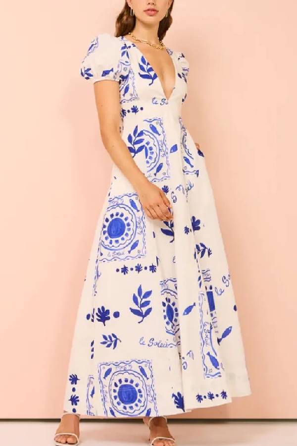 Embrace The Glamour Linen Blend Unique Print Puff Sleeve Pocketed Maxi Dress