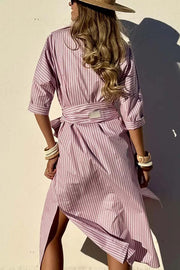 All-match Striped Button Up Half Sleeve Belted Pocket Shirt Midi Dress