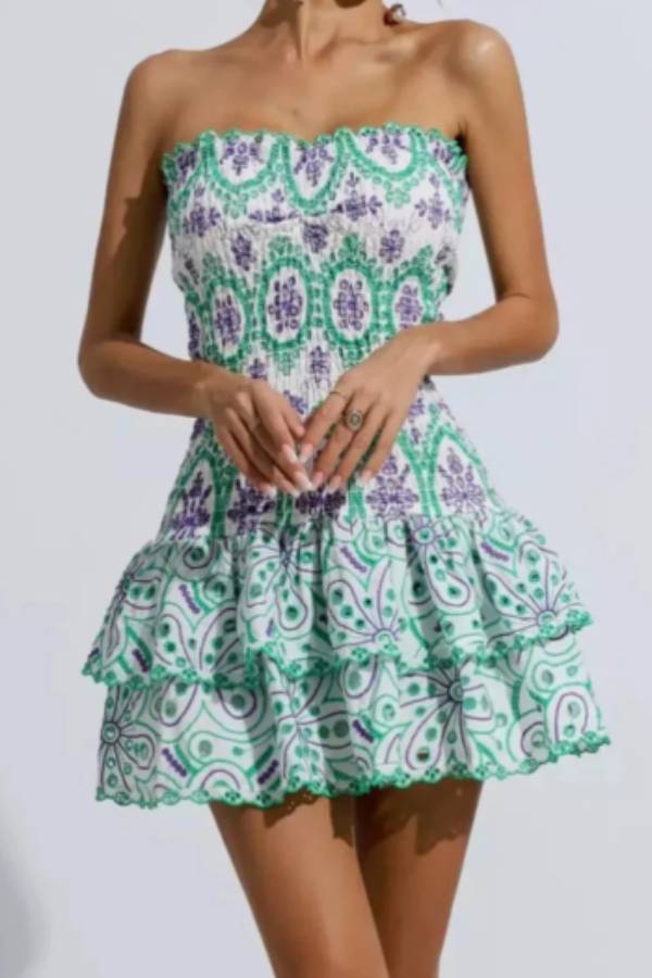 Strapless Pleated Embroidered Fitted Mini Dress