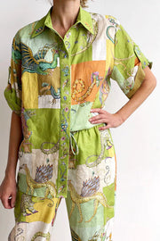 Dragon Family Linen Blend Printed Button Down Oversized Blouse