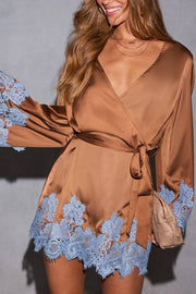 Joyful Bond Satin Lace Trim Contrast Color Bell Sleeve Tie-up Kimono Mini Dress