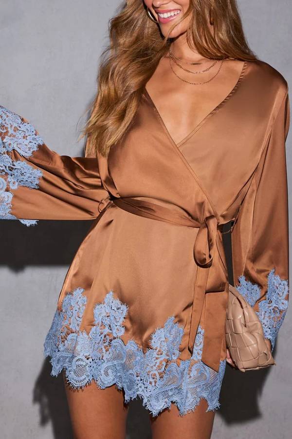 Joyful Bond Satin Lace Trim Contrast Color Bell Sleeve Tie-up Kimono Mini Dress