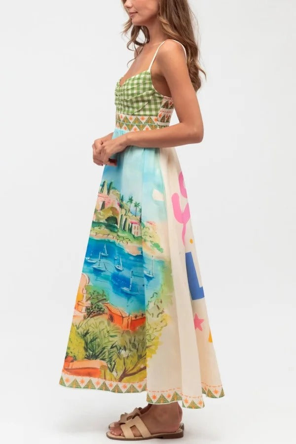 Unique Printed Spaghetti Strap Pleated Casual Maxi Dress