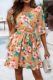 Printed V-neck lantern sleeve fitted waist dress