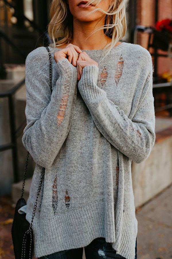 Crewneck Side Split Ripped Comfy Sweater