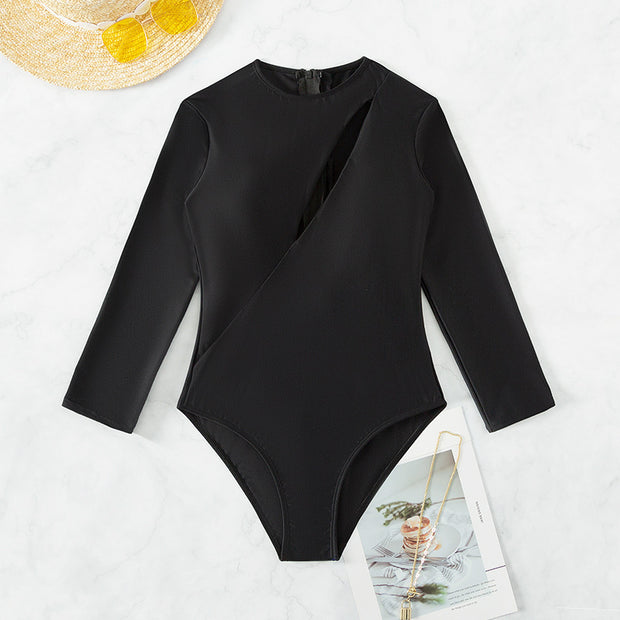Long-sleeved solid color one-piece swimsuit