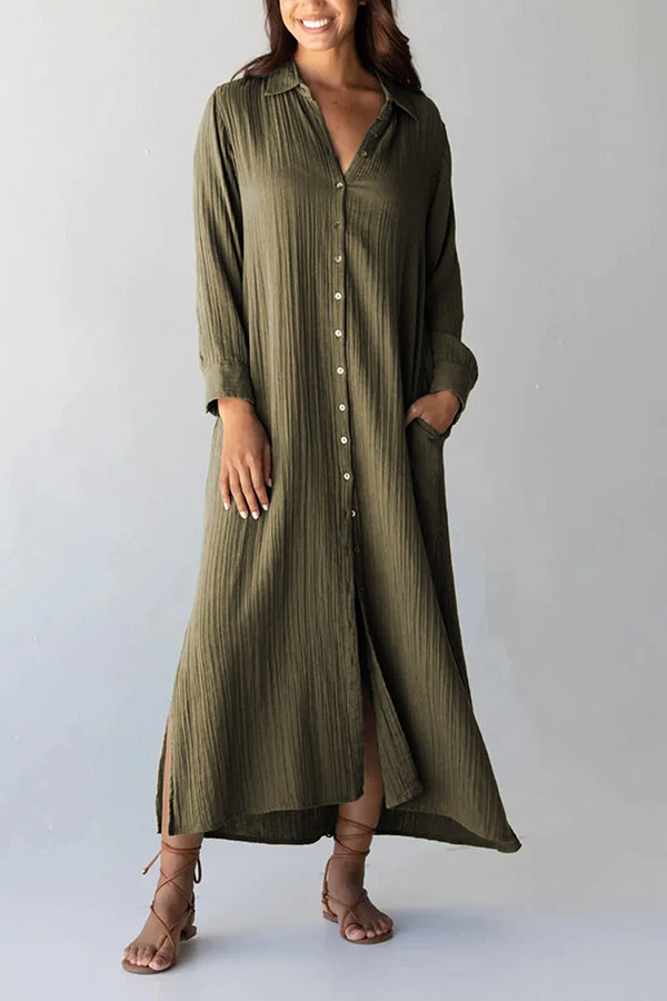 Green Crinkled Pocketed Side Slits Loose Maxi Dress