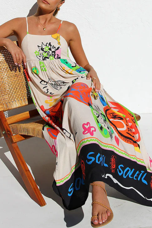 Tie Back Cut Out Graffiti Print Flowy Maxi Cami Dress