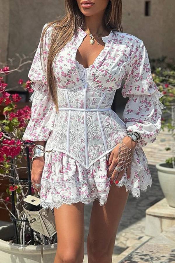 Floral deep V-neck lace dress