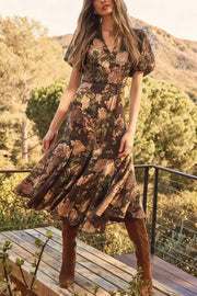 V Neck Puff Short Sleeves Floral Print Midi Dress