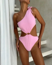 Women's Solid Color One Shoulder Waist Hollow One Piece Swimsuit