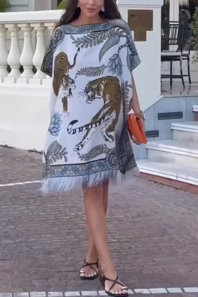 Charming Jungle Unique Tiger Print Feather Trim Loose Kaftan Mini Dress
