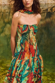 Vacay Vibes Colorful Lava Print Off Shoulder Smocked Scarf Maxi Dress