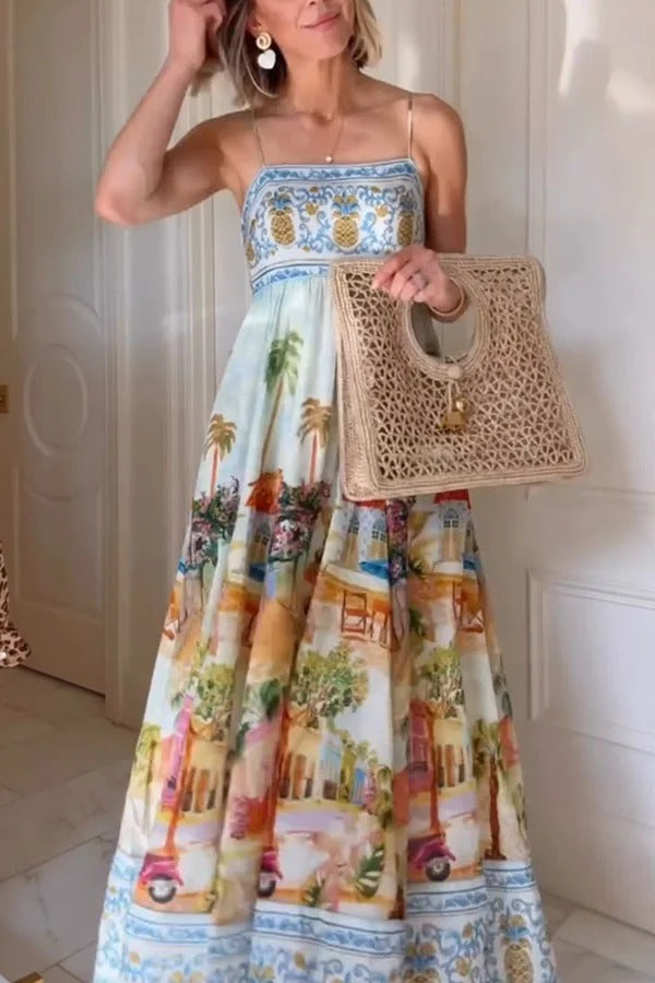 Aracati Multicolor Unique Print Back Smocked Pocket Maxi Dress