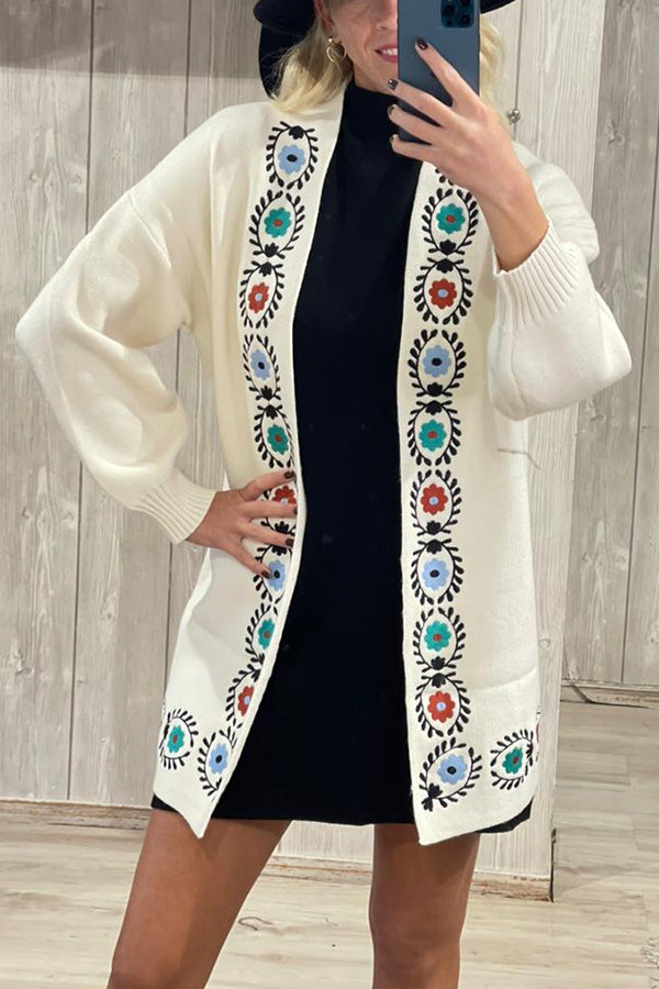 Off-white knitted cardigan with embroidery detail