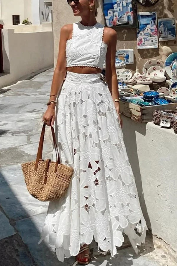 Next Trip Floral Embroidery Crochet Lace Crop Tank Top