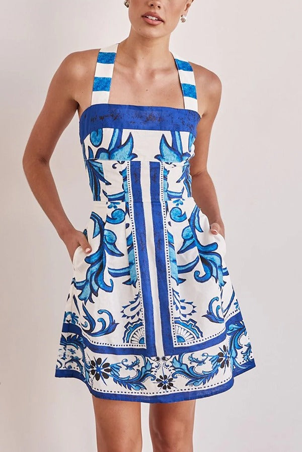 Summer Linen Blend Unique Print Wide Strap Pocket Mini Dress