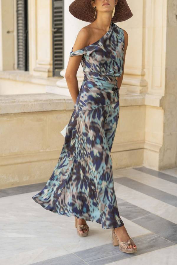 One‑Shoulder Blur Print Waist‑Fitted Maxi Dress