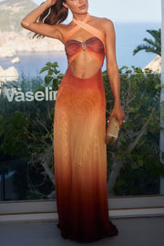 Like Sunset Mesh Gradient Metal Detail Cutout Halter Stretch Maxi Dress