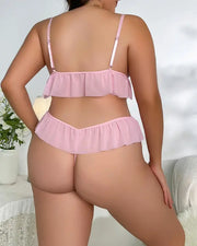 Plus Size Crochet Eyelash Lace Sheer Mesh Lingerie Set SKU: APU23050-ichic-pi