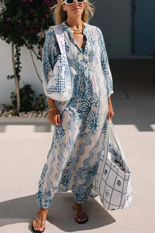 Quiet Sea Unique Print Pleated Neck Long Sleeve Slit Kaftan Maxi Dress