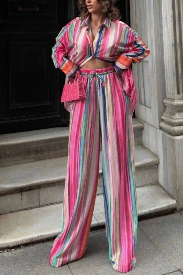 Colorful Stripe Loose Shirt & Wide‑Leg Pants Two‑Piece Set