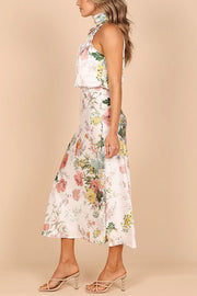 Wine Country Dates Floral Halter Neck Elastic Waist Satin Maxi Dress