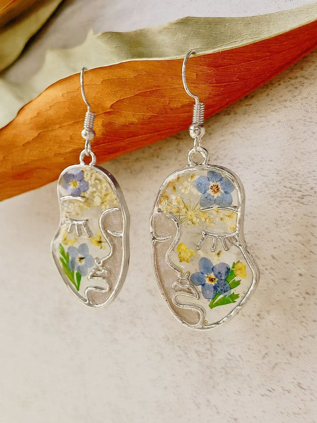 Pressed Flower Earrings -Abstract Face Forget Me Not Flower