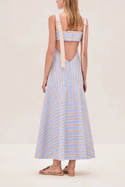 Talette Stripe Print Embroidered Wide Straps Back Cutout Maxi Dress