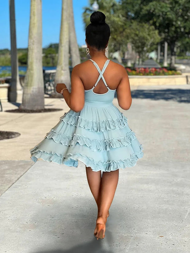 CUT OUT HALTER CROSSOVER BACKLESS A-LINE TIERED RUFFLED COCKTAIL PARTY MINI DRESSES [PRE ORDER]