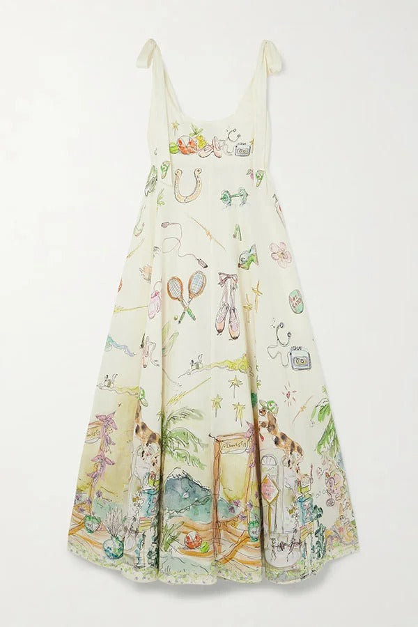 Euro Summer View Linen Blend Unique Print Tie-up Straps Pocket Midi Dress