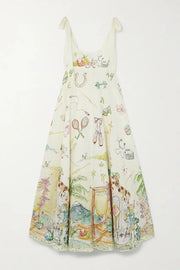Euro Summer View Linen Blend Unique Print Tie-up Straps Pocket Midi Dress