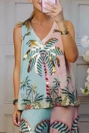 Unique Palm Tree Print Elastic Waist Loose Wide-Leg Pants