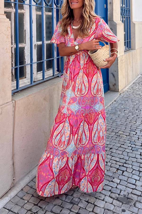 Bohemian V-neck waist short-sleeved floor-length dress
