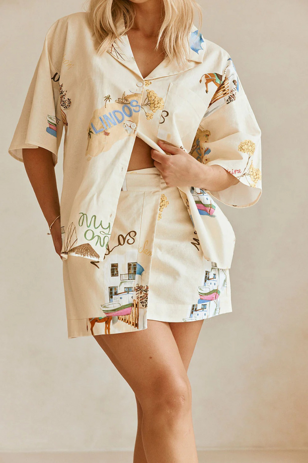 Kea Linen Blend Unique Print Short Sleeve Shirt and High Rise Wrap Panel Miniskirt Set