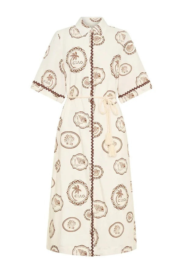 Resort Style Print Lapel Short Sleeves Casual Pocket Waist Tie Loose Midi Dress
