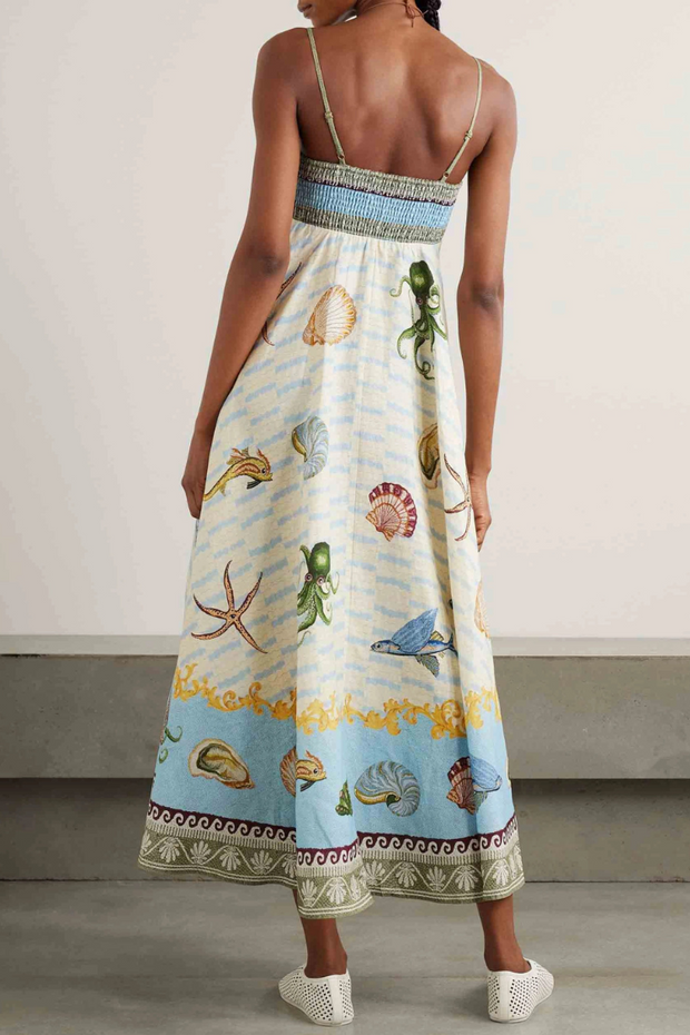 Unique Exquisite Deep Sea Floral Print Midi Dress