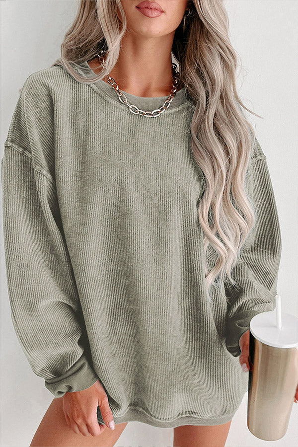 Solid Ribbed Round Neck Pullover Sweatshirt