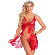 Sexy Lace Christmas Outfit with Front Slit and Hat