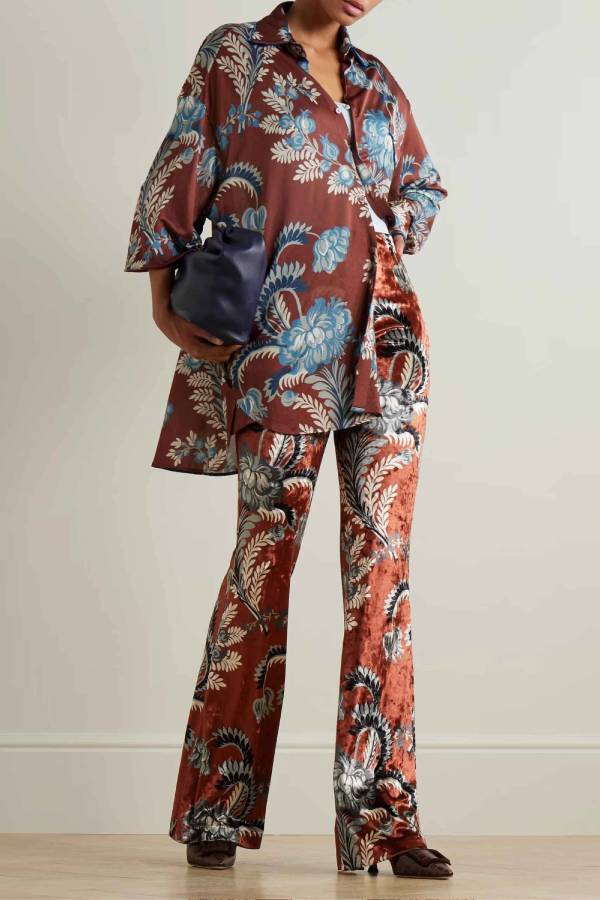 Exquisite Retro Folk Style Floral Print Elastic Bell-bottom Pants