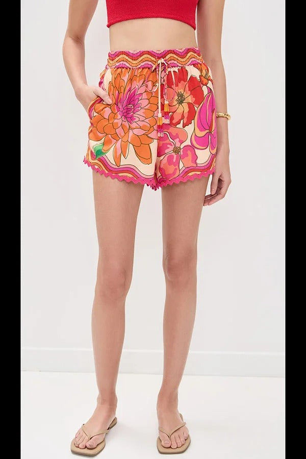 Neima Unique Print Wave Trim Button Up Short Sleeve Shirt and Elastic Waist Pocket Loose Shorts Set