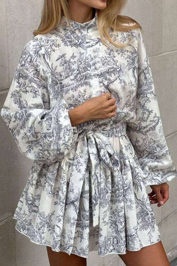 Retro Print Stand Collar Lantern Sleeve Fitted Waist Dress