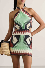 Unique Vintage Ethnic Print Backless Mini Dress