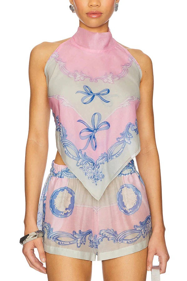 Amalfi Coast Satin Unique Print Scarf Top and Elastic Waist Pocket Loose Shorts Set