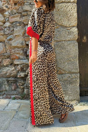Leopard Print Color Block Short Sleeve Loose Shirt and Elastic Waist Pocket Pants Set
