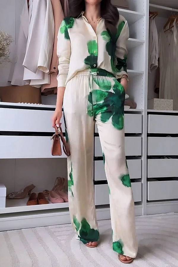 Fashion Printed Lapel Shirt & Pants Two-Piece Set