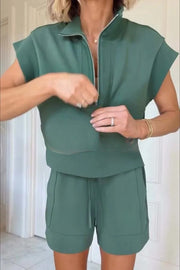 Buttery Touch Half-Zip Short Sleeve Sweatshirt and Elastic Waist Pocket Casual Shorts Set