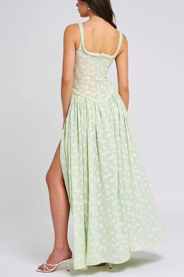 Ulissa Light Green Square Neck Jacquard Textured High Slit Maxi Dress