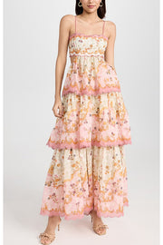 Charming Smile Floral Print Scalloped Lace-trim Back Tie-up Tiered Maxi Dress