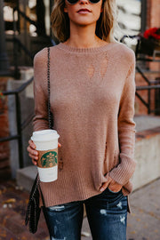 Crewneck Side Split Ripped Comfy Sweater